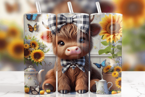 Highland Cow Sunflowers Plaid Tumbler Design